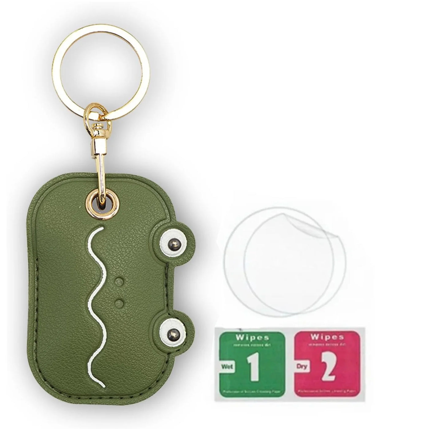 Olive green frog AirTag keychain holder with hand straps and white stitching