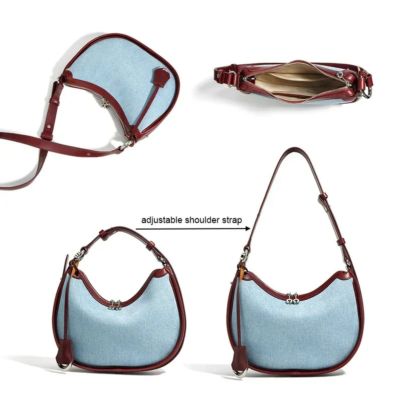 2024 New Women Bag Lady Fashion Half Moon Underarm Shoulder Bag Messenger Female Summer Soft Lightweight Denim Fabric Handbag