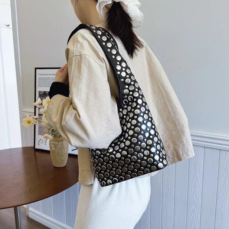 Designer geometric shoulder bag for women top brand handbag luxury shiny rivet handmade evening clutch fashion party