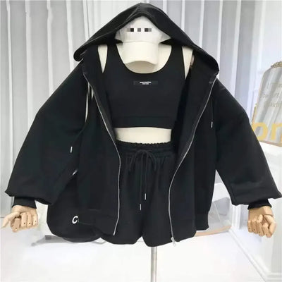 Shorts Three 3 Piece Sets Women Casual Vest Drawstring Short Hooded Zipper Jacket Sportswear Suits Y2k Streetwear Sports Hoodies