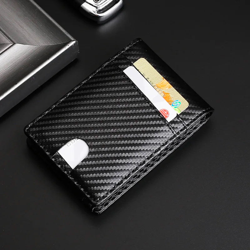 Slim black carbon fiber wallet with RFID blocking, AirTag pocket, and magnetic closure