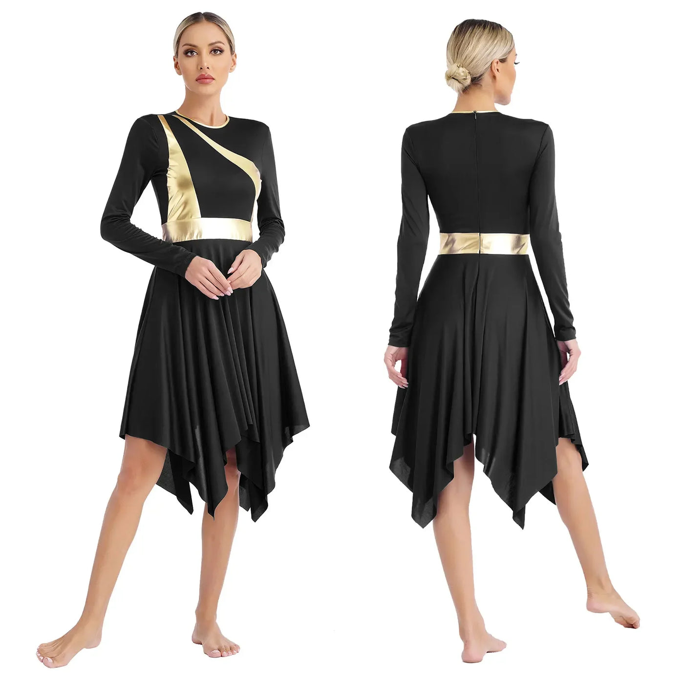 Women Church Choir Worship Liturgical Dress Modern Lyrical Dance Waltz Stage Performance Costume Long Sleeve Metallic Shiny Gown