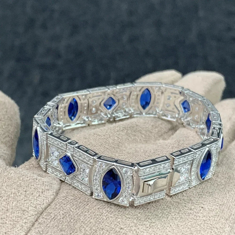 Wong Rain Elegant 100% 925 Sterling Silver Marquise Cut Sapphire Gemstone Women Bracelets Bangle Fine Jewelry Anniversary Gifts