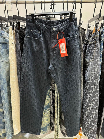 European Designer Jeans Men Ripped Holes Washed Baggy Pants New Fall Straight Fit Wide Leg Bottoms