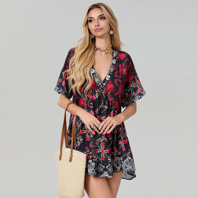 Women Summer Babydoll Dress Bohemian Holiday Vintage Floral Print Short Sleeve Deep V-Neck Flowy Dress with Pockets