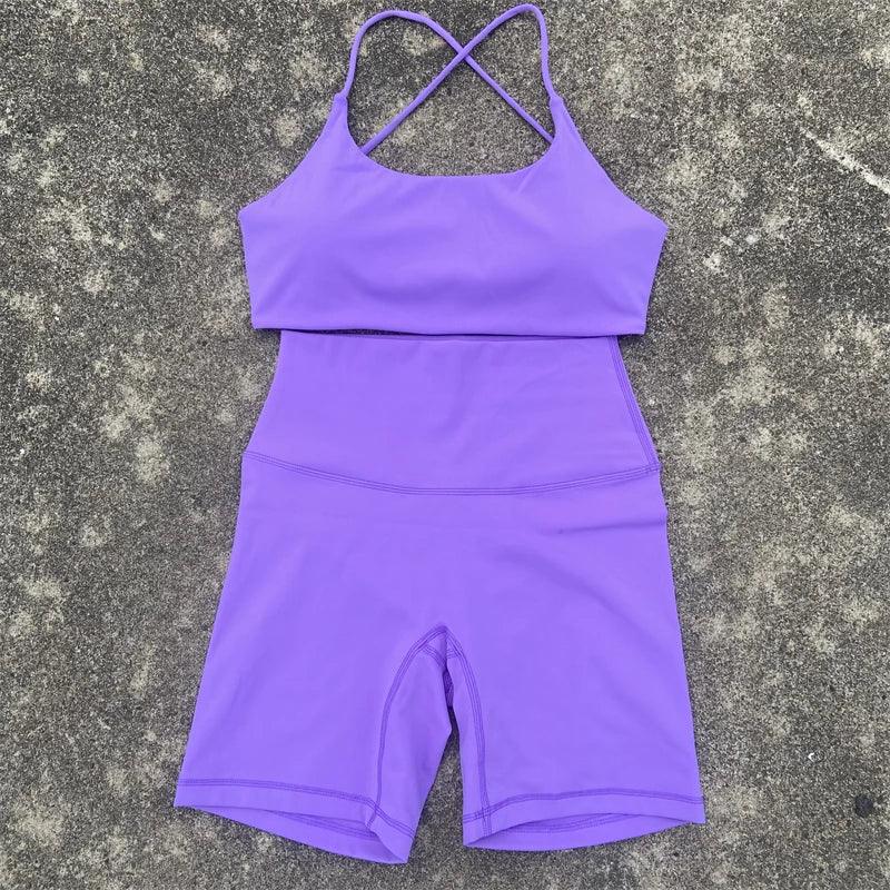 2 Piece Gym Sports Set Women Yoga Shorts Set Workout Outfit Fitness Suit Cross Straps Bra High Waist Shorts Running Tracksuit