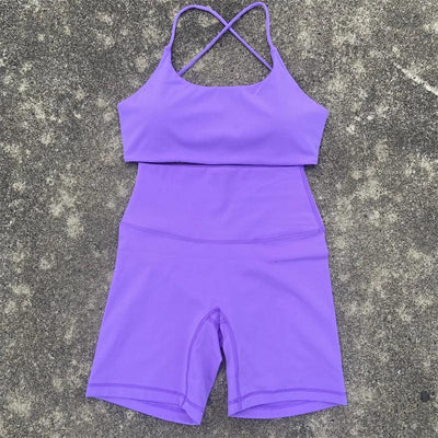 2 Piece Gym Sports Set Women Yoga Shorts Set Workout Outfit Fitness Suit Cross Straps Bra High Waist Shorts Running Tracksuit