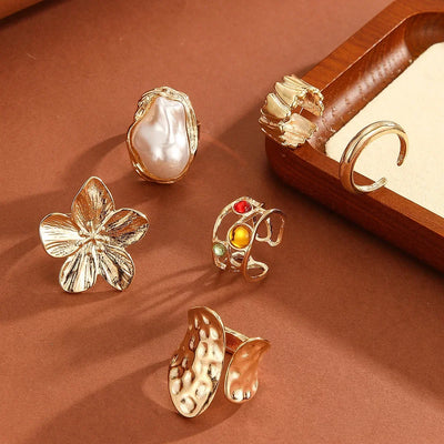 Statement Floral Ring Set Baroque Faux Pearl Jewelry Luxury Bold Rings for Women Vintage Aesthetic