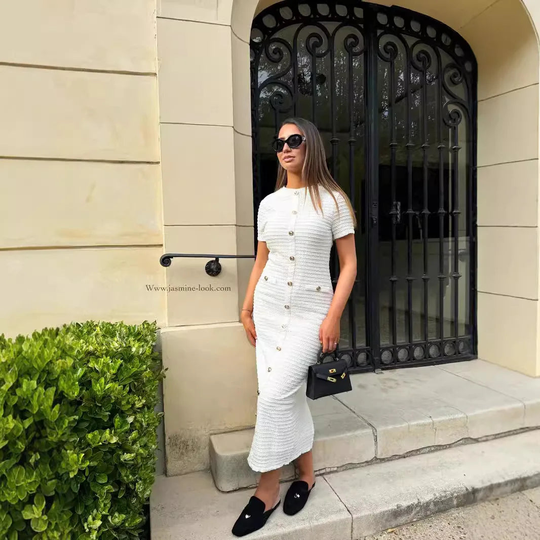 Knitted Dress Single Breasted Short Sleeve Women Dresses Solid Sexy Slim Fit Wrap Buttocks Spliced Buttons Ankle Length