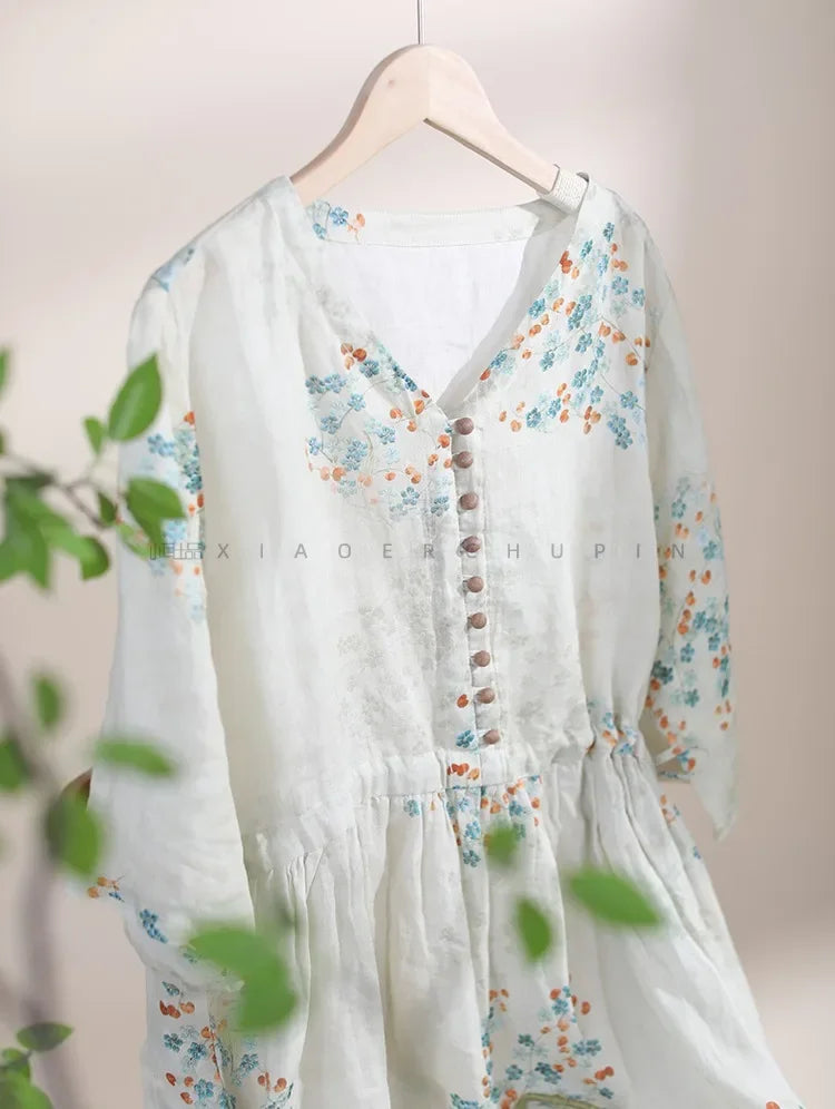 Summer Dress Women 2025 Long Print Elegant Clothing Vintage Elastic Waist Korean Beach Style V-Neck Fashion Robe Ropa De Mujer