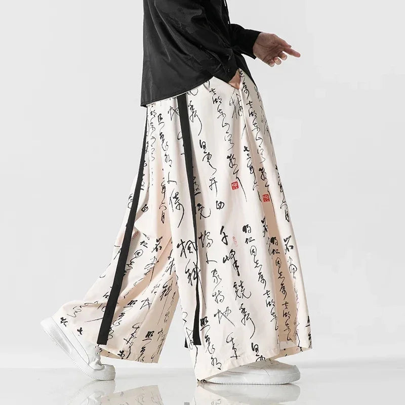 Wide Leg Pants Men's Ukiyo-e Print Elastic Waist Loose Trousers Mens Streetwear Japan Samurai  Casual Joggers Vintage Long Pants