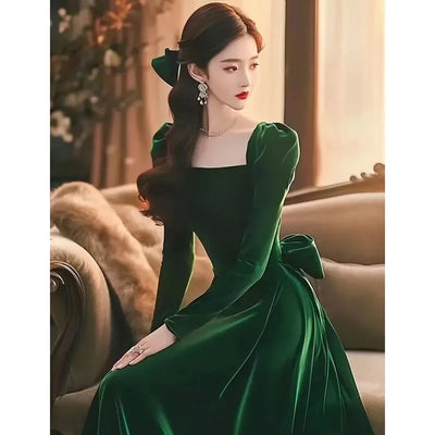 Fashion Beautiful Golden Velvet Women Vintage Dress 2025 Autumn Winter High-quality Elegant Versatile Dresses Ladies Vestidos