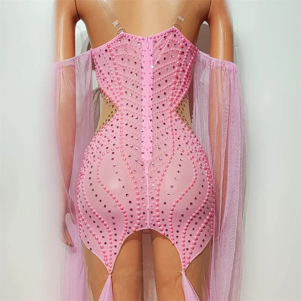 Pink Rhinestones Pearls Dress For Women