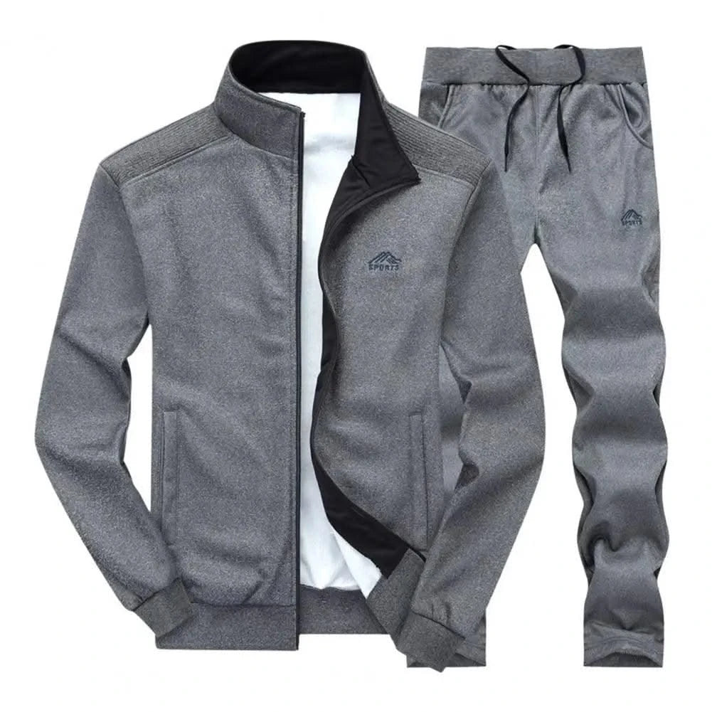 Activewear Men's Athleisure Suit with Stand Collar Coat Elastic Drawstring Waistband Pants Set Zipper Placket Long Sleeve