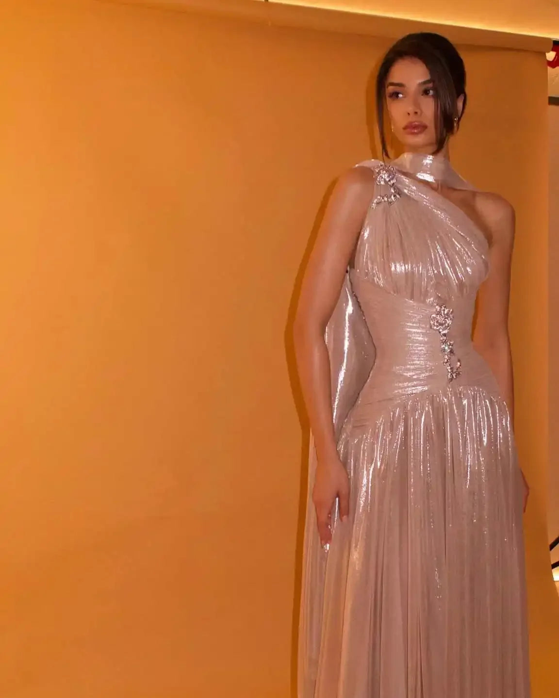 Sharon Said Elegant Rose Gold One Shoulder Evening Dress with Scarf Pleated for Women Wedding Party Prom Gowns SF235 Customized