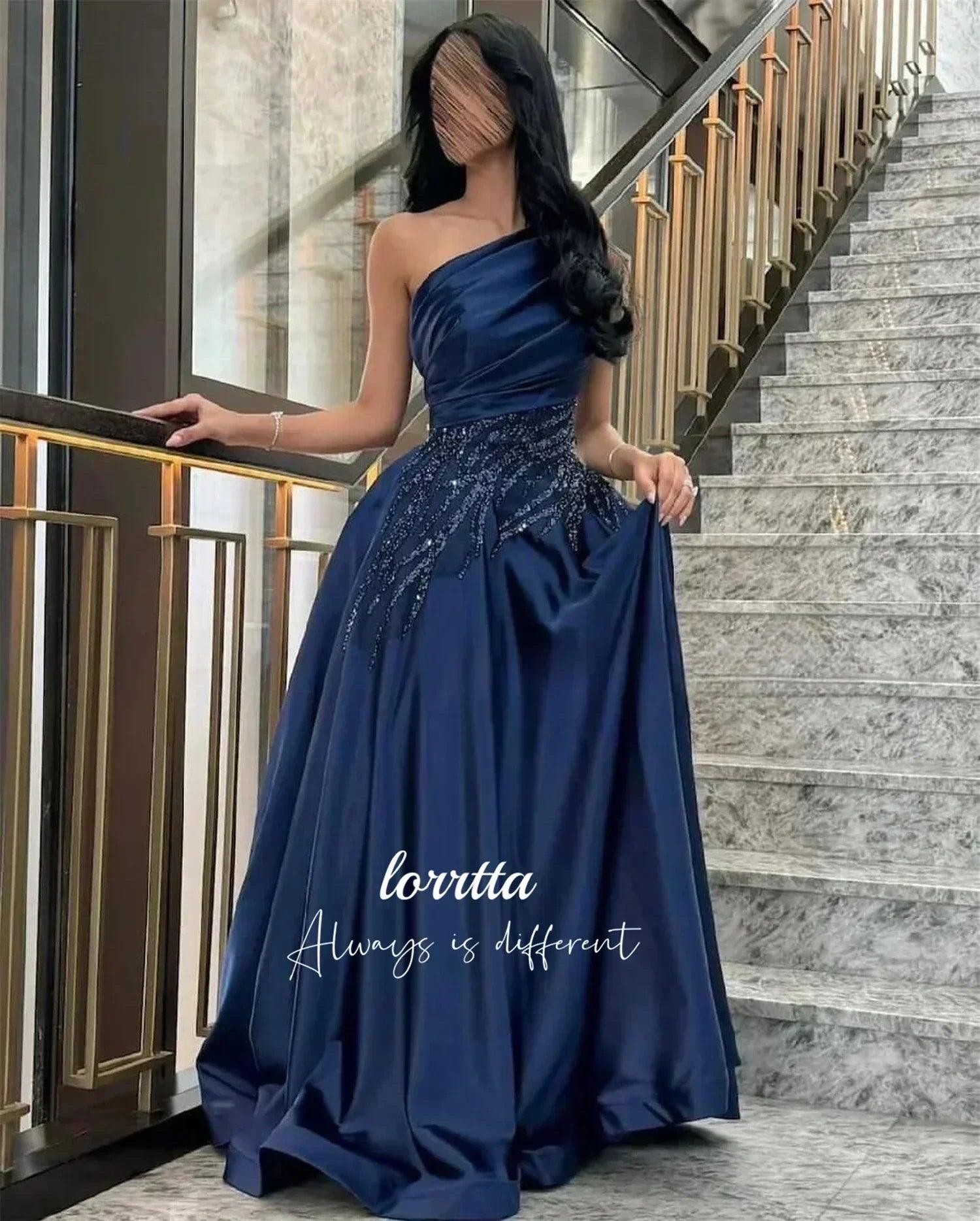 Luxury woman women’s evening dress dark blue satin glitter trim line a graduation dresses party elegant prom wedding