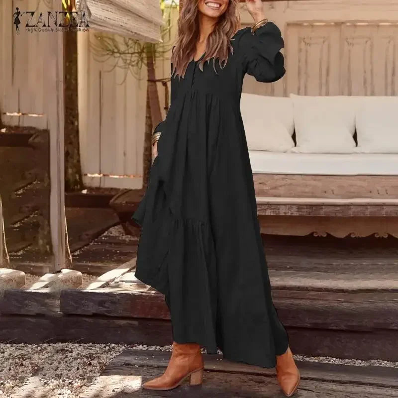 Vintage Cotton Linen Long Sleeve Dress Women Casual Autumn Maxi Robe V Neck Tiered Loose Vestido