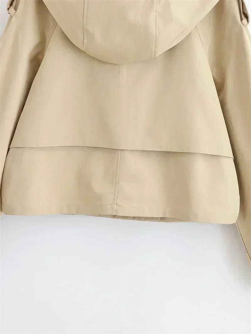 Fashionable khaki short hooded women’s summer jacket casual and versatile