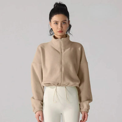 Women's Fleece Short Jacket Full Zip Stand Collar Warm Winter Sherpa Crop Coats with Drawstring Hem Gym Fitness Sports Clothing