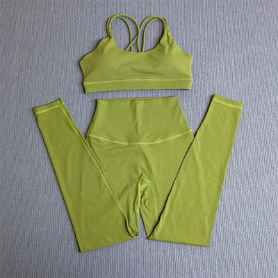 2 Pcs Gym Tights Yoga Clothes Set Sports Set Women Cross Back Bra Top High Waist Leggings Fitness Suit Running Workout Tracksuit