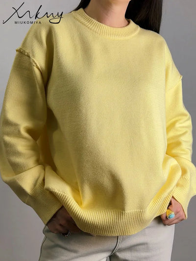 Oversized Fall Yellow Sweaters For Women 2025 Brown Crewneck Sweater Top Ladies Office Warm Knitted Woman Pullovers Winter Grey