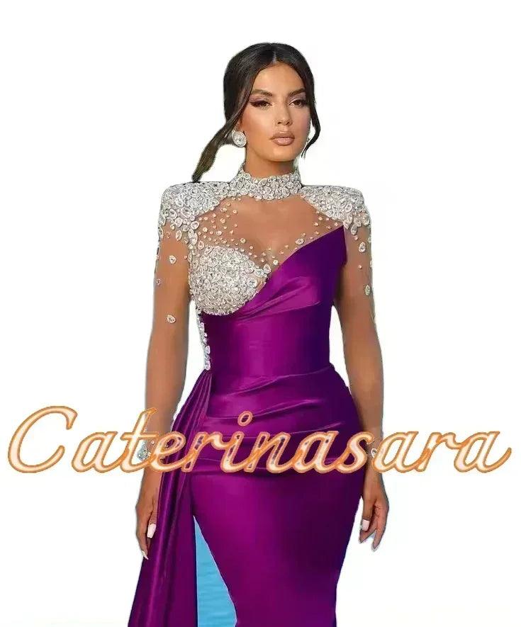 Luxury high neck evening dresses for women mermaid 2024 sheer long sleeves wedding party prom gowns vestidos de noche