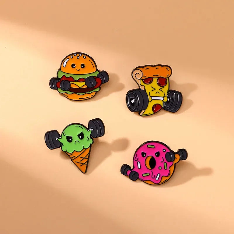 New Statement Fitness Food Man Collection Enamel Brooch Pizza Ice Cream Barbell Hamburg Donut Dumbbell Pins