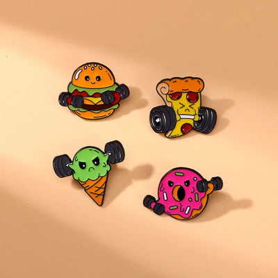 New Statement Fitness Food Man Collection Enamel Brooch Pizza Ice Cream Barbell Hamburg Donut Dumbbell Pins