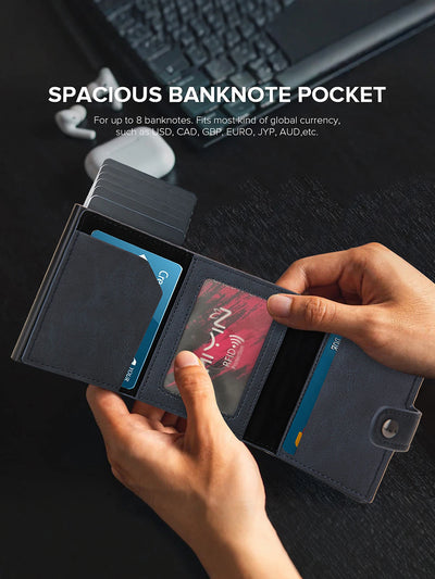 Black leather RFID minimalist wallet with AirTag holder and credit card window