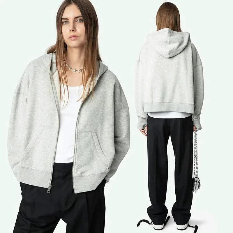 Zipper Sweatshirt Grey Cardigan Hooded Women