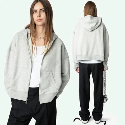 Zipper Sweatshirt Grey Cardigan Hooded Women