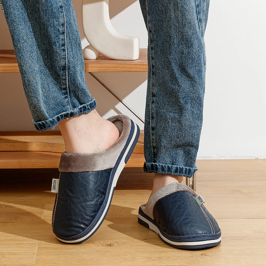 Indoor Warm Men's Leisure Slippers Big Size Soft Winter Fashion Anti-slip PU Surface Waterproof Plush Home Comfy Simple Shoes