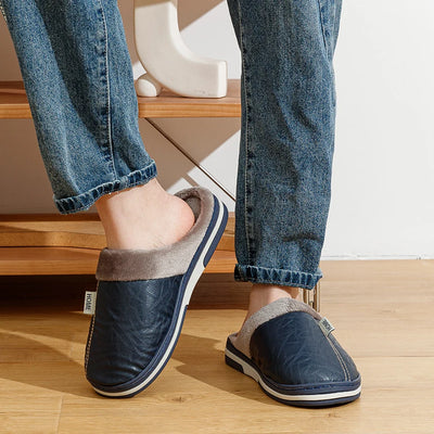 Indoor Warm Men's Leisure Slippers Big Size Soft Winter Fashion Anti-slip PU Surface Waterproof Plush Home Comfy Simple Shoes