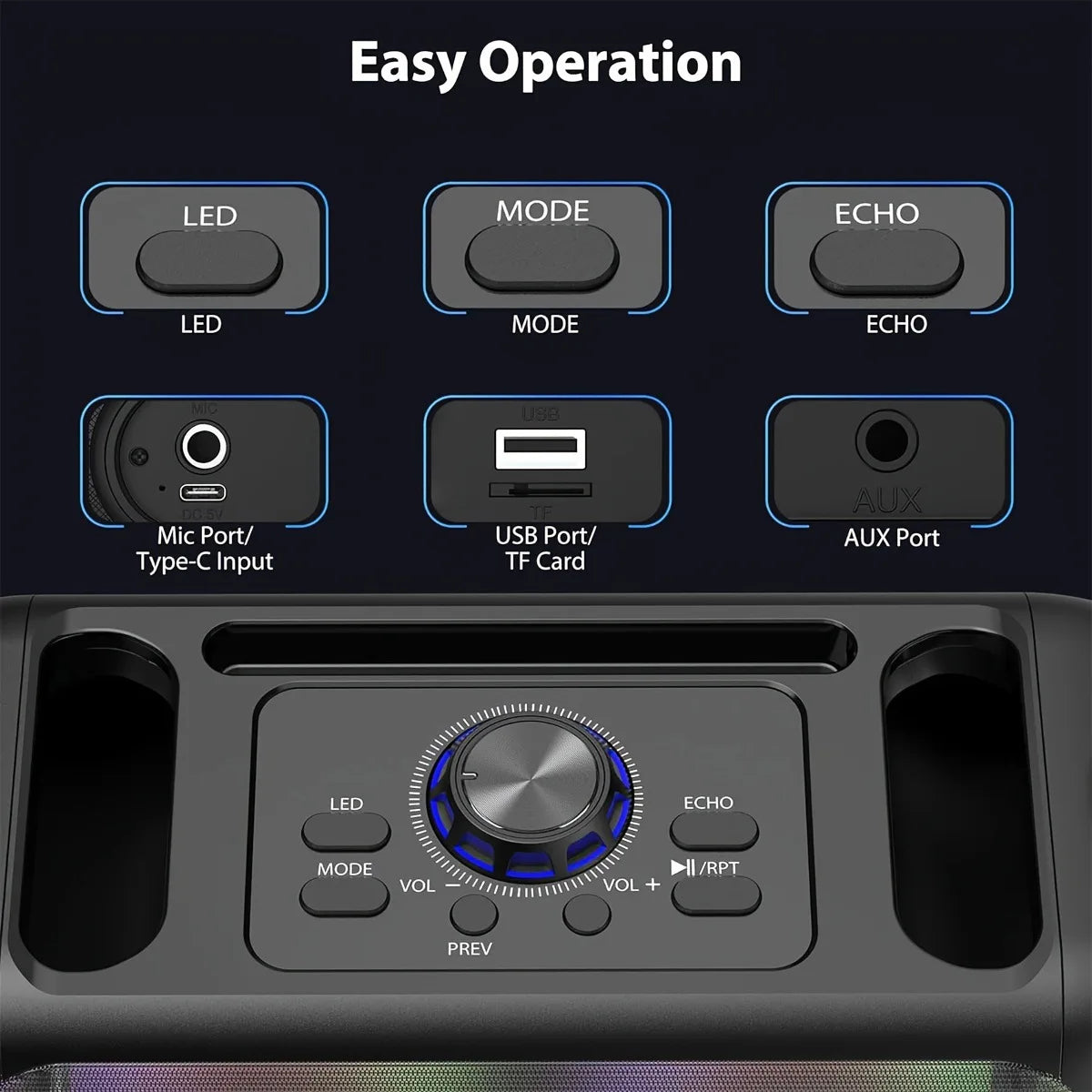 Portable wireless speaker (with subwoofer and wired microphone dual speaker), RGB party light, 2400mAh battery, supports TWS