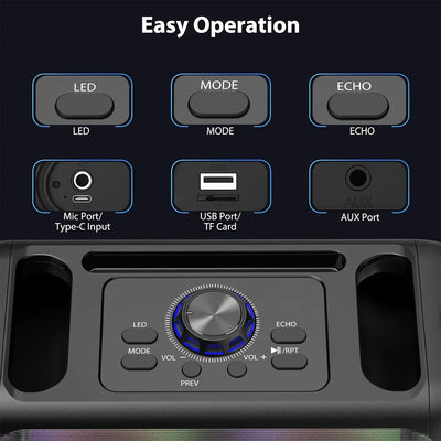 Portable wireless speaker (with subwoofer and wired microphone dual speaker), RGB party light, 2400mAh battery, supports TWS