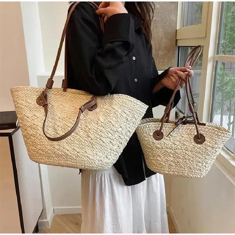 Designer bohemian chic shoulder bag,solid color large capacity straw woven tote bag,nature-inspired beach vacation