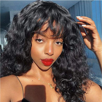 Curly Human Hair Wigs with Bangs Water wave Wig Brazilian Unprocessed Virgin Hair Machine Made Curly Human Wigs 150% Density