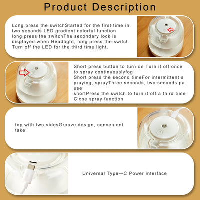 Air Humidifier Cute Ultrasonic Colorful Night Light Mini Humidifier Diffuser Transparent  Portable Home Bedroom Aroma Diffuser