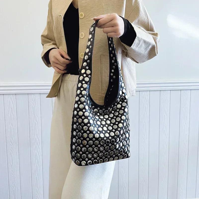 Designer geometric shoulder bag for women top brand handbag luxury shiny rivet handmade evening clutch fashion party