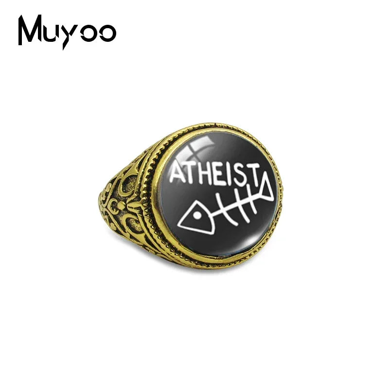 Atheist Atheism Symbol Antique Rings for Men Atheist Logo Glass Cabochon Fashion Dome Rings Handmade Jewelry Vintage Ring