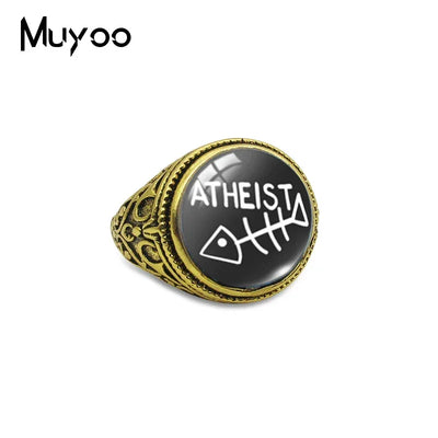 Atheist Atheism Symbol Antique Rings for Men Atheist Logo Glass Cabochon Fashion Dome Rings Handmade Jewelry Vintage Ring
