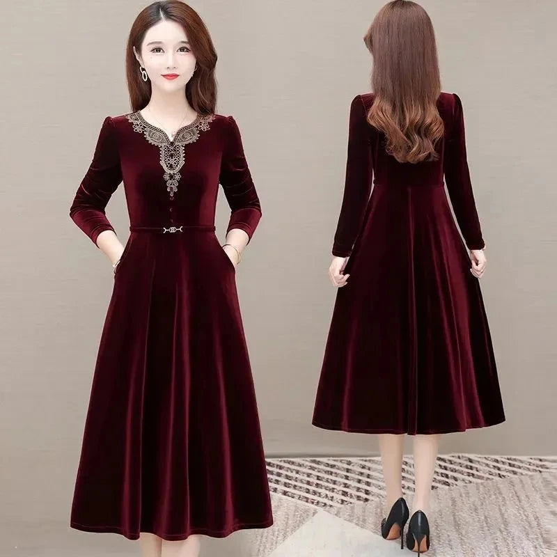 Vintage Applique Velvet Party Dress Women Elegant Slim Long Sleeve A-line New Dresses 2024Spring Casual Knee-length Vestidos