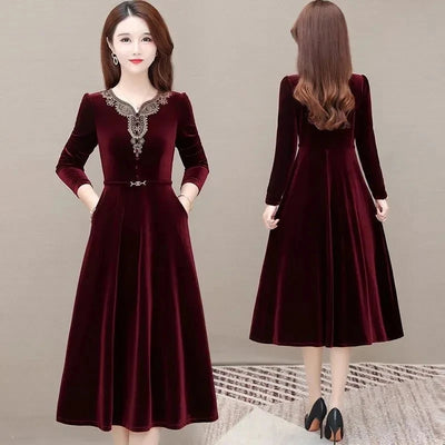 Vintage Applique Velvet Party Dress Women Elegant Slim Long Sleeve A-line New Dresses 2024Spring Casual Knee-length Vestidos
