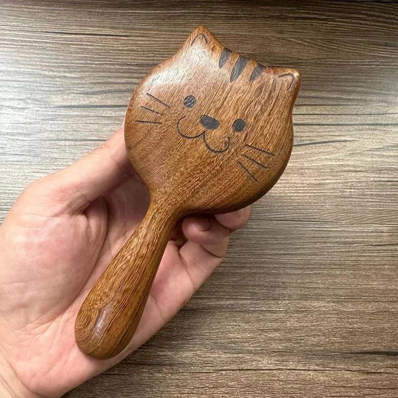 Wooden cat-shaped massage brush, sandalwood cartoon scalp meridian comb, wide-tooth meridian massage comb, soothing scalp