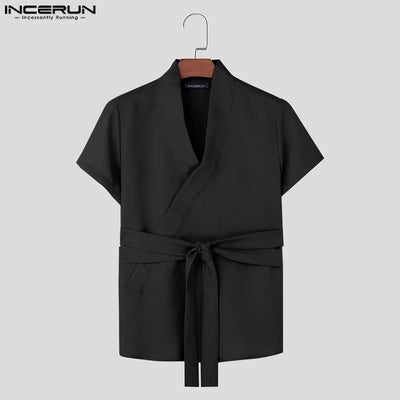 INCERUN Tops 2024 American Style New Men Diagonal Placket Texture Belt T-shirts Summer Casual Solid Short Sleeved Camiseta S-5XL