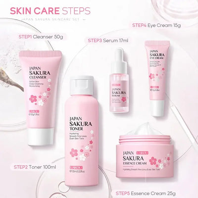5pcs/set Sakura Skin Care Sets Face Cream Serum Toner Facial Cleanser Sunscreen Eye Cream Face Skin Care Products