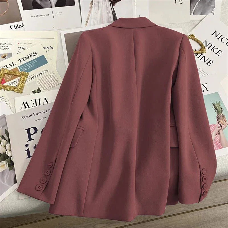 Women's Blazer Double Breasted Office Wear Suit Coats 2025 Fashion Jackets Long Sleeve Flap Pockets Chic Female Outerwear