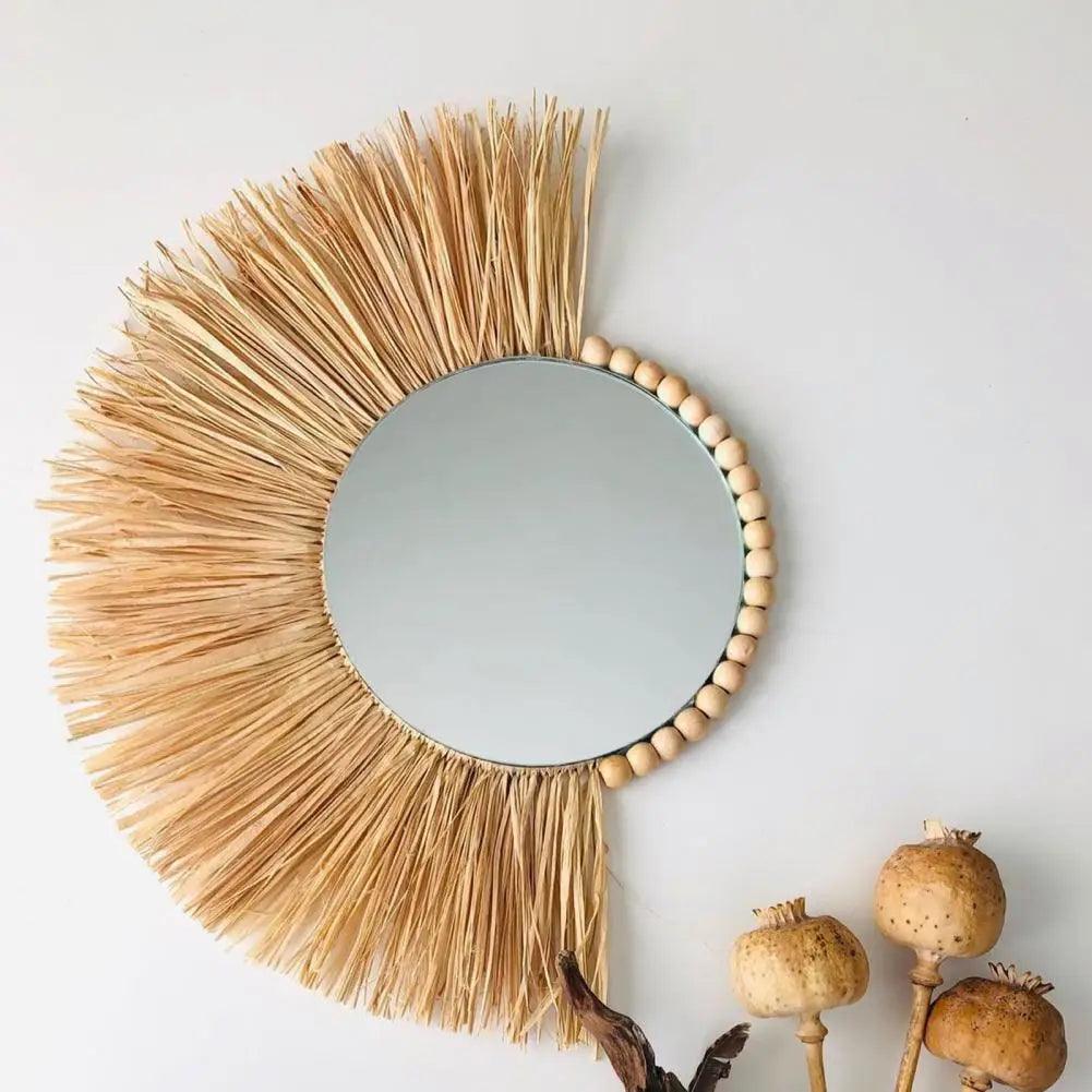 Home decor hanging mirror raffia wood beads acrylic multifunct decorative decorations bedroom wall room