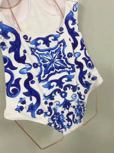 Fashion Design Women's Swimsuit Designer Brand Blue White Porcelain One-piece Beach Swimwear