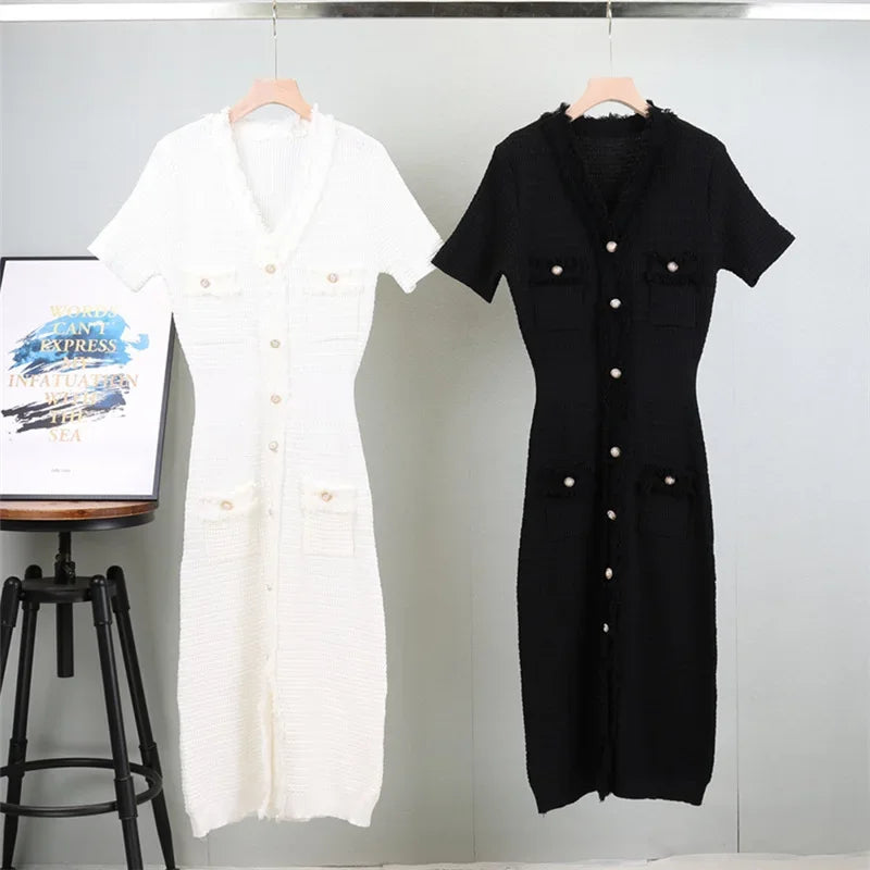 Summer Women Simple White Black Dresses Office Sheath Pencil Midi Dress Elegant Knitted Bodycon Party Casual Vestido